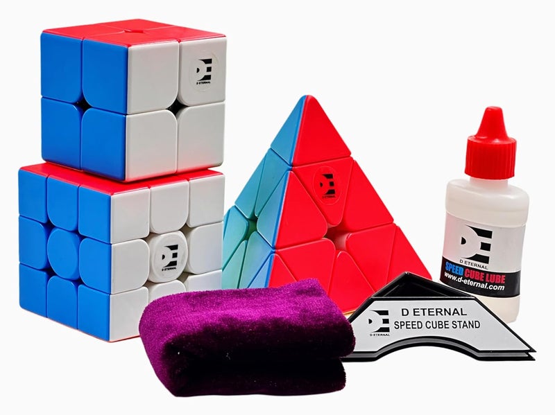 D ETERNAL مجموعة مبتدئين كاملة مجموعة مكعبات 2X2 3x3 ومكعب الهرم بyramix مثلث عالي السرعة بدون ملصقات مع حامل مكعب وحقيبة وهدية زيت تشحيم في صندوق هدايا - Image 1