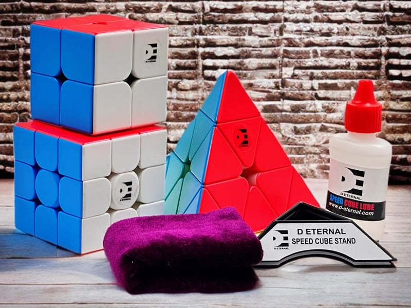 D ETERNAL مجموعة مبتدئين كاملة مجموعة مكعبات 2X2 3x3 ومكعب الهرم بyramix مثلث عالي السرعة بدون ملصقات مع حامل مكعب وحقيبة وهدية زيت تشحيم في صندوق هدايا - Image 2