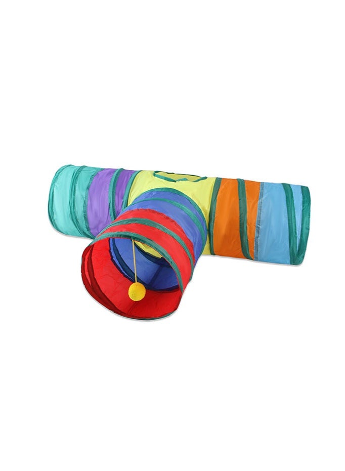 T-shaped tee rainbow cat tunnel, multi-channel foldable cat hide-and-seek channel with funny cat ball, breathable and scratch-resistant pet toy - Image 1