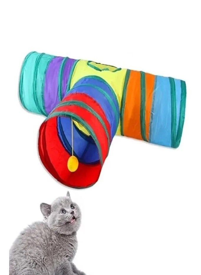 T-shaped tee rainbow cat tunnel, multi-channel foldable cat hide-and-seek channel with funny cat ball, breathable and scratch-resistant pet toy - Image 2