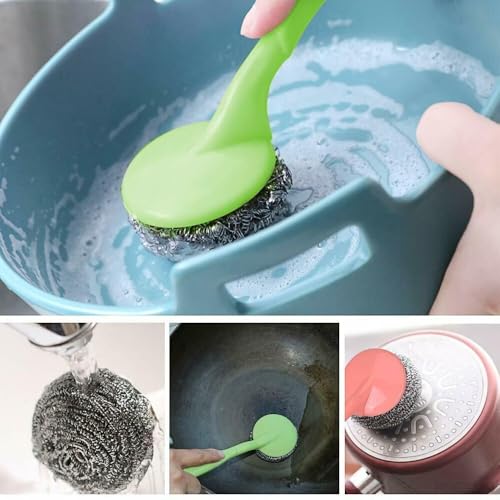 Being One Sunday Stainless Steel Scrubbers With Handle Cleaning Brush With 2 Additional Steel Scrubbers Dish/Sink Brushes Kitchen Cleaning Tool Steel|Scrubber|Multicolour (1) - Image 5