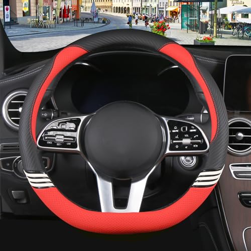 Binsheo Cute Steering Wheel Cover D Shape for Women Men Breathable Universal 15 inch,Black and Red - Image 1