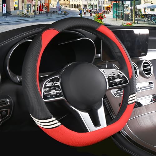 Binsheo Cute Steering Wheel Cover D Shape for Women Men Breathable Universal 15 inch,Black and Red - Image 2