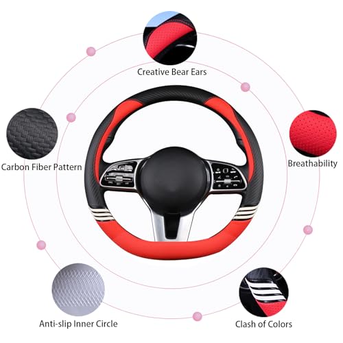 Binsheo Cute Steering Wheel Cover D Shape for Women Men Breathable Universal 15 inch,Black and Red - Image 5