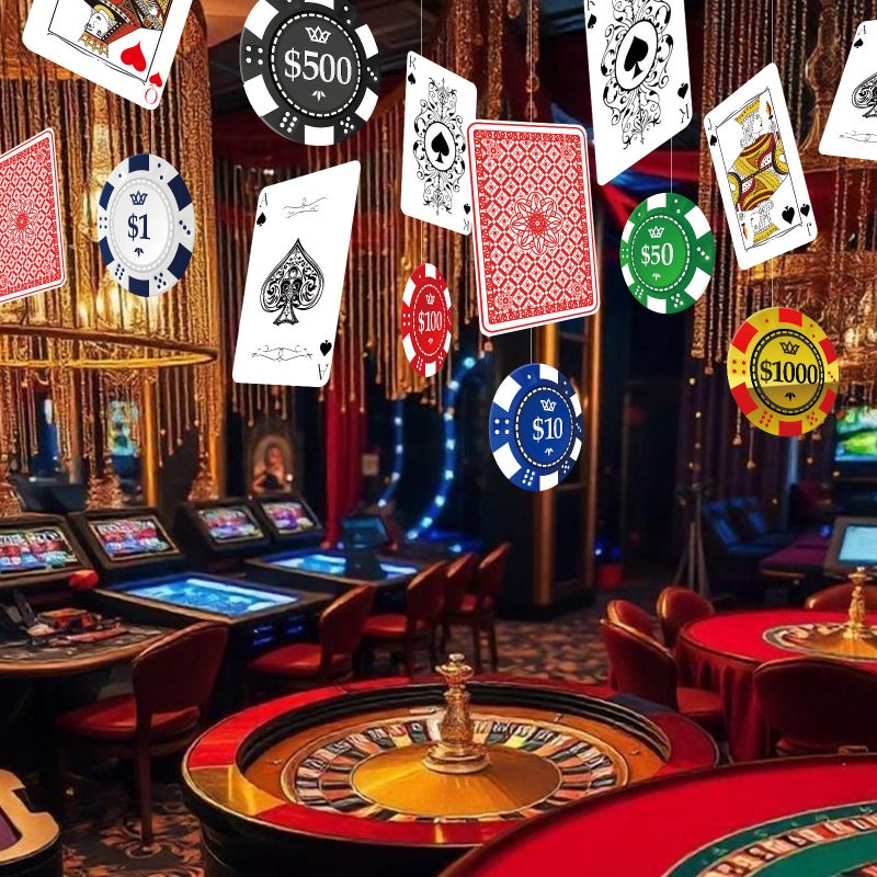 Jenaai Casino Party Hanging Decorations Casino Night Party Banners Poker Dice Red Curtains Hanging Decoration Photo Booth Props for Las Vegas Poker Dice Birthday Game Night Celebrations(Classic) - Image 2