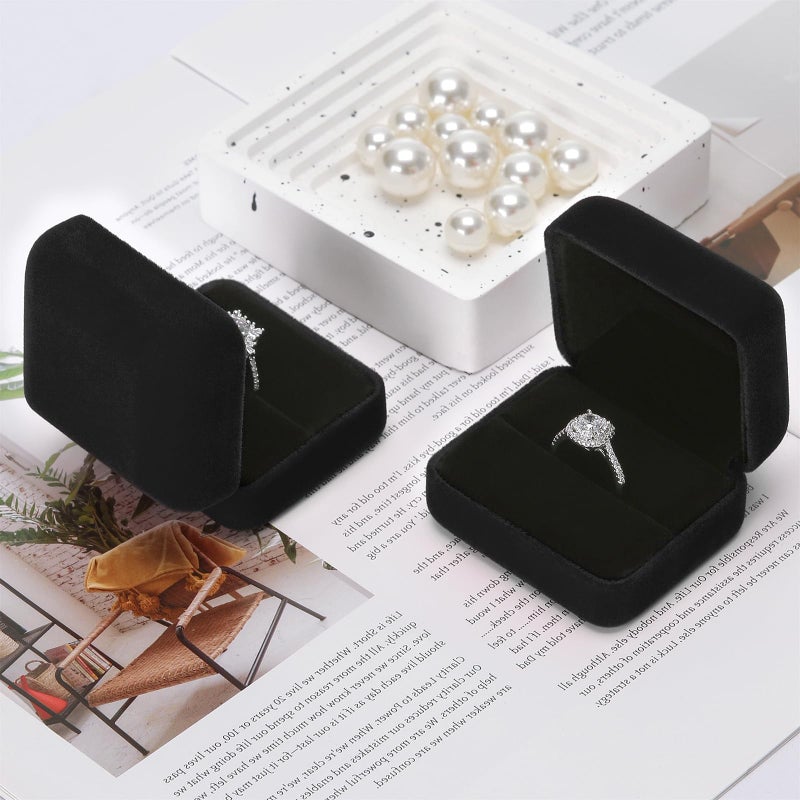 KUKUVR 2 Pieces Velvet Metal Wedding Ring Box, Elegant Jewelry Earring Studs Gift Box for Women Girl, Ring Holder Case for Engagement Proposal, Anniversary, Bridal Party Decor (Black) - Image 4