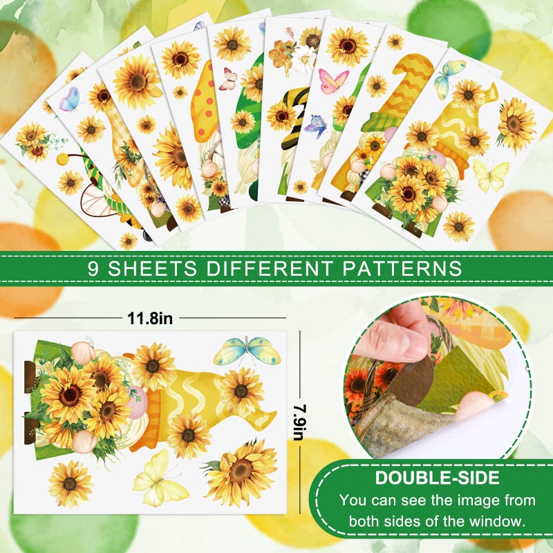 Whaline Summer Window Clings Sunflower Gnome Double-Sided Window Cling Sticker Watercolor Butterfly Flower Window Decal PVC Sticker Decoration for Spring Summer Fall School Home Office Decor  9 Sheets - Image 2