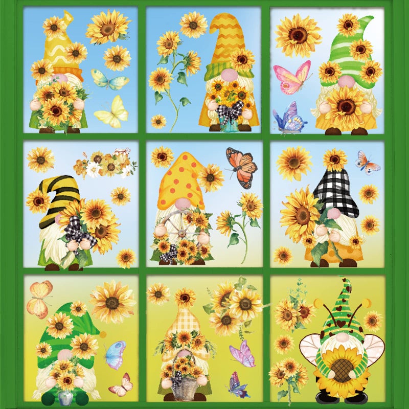 Whaline Summer Window Clings Sunflower Gnome Double-Sided Window Cling Sticker Watercolor Butterfly Flower Window Decal PVC Sticker Decoration for Spring Summer Fall School Home Office Decor  9 Sheets - Image 1