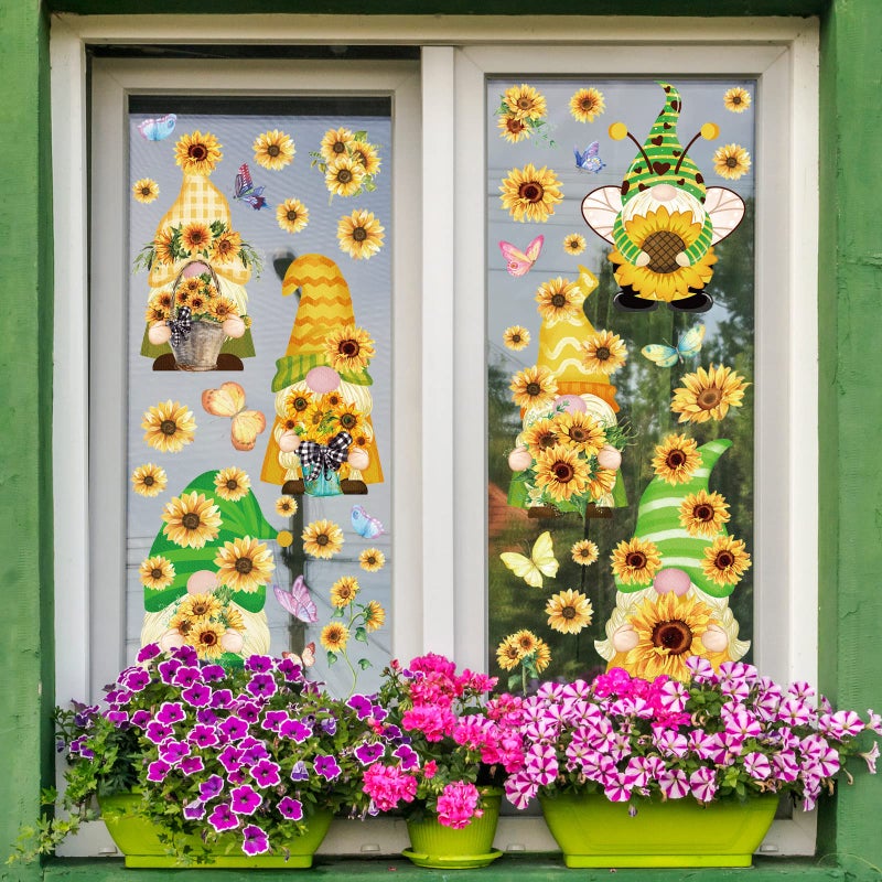 Whaline Summer Window Clings Sunflower Gnome Double-Sided Window Cling Sticker Watercolor Butterfly Flower Window Decal PVC Sticker Decoration for Spring Summer Fall School Home Office Decor  9 Sheets - Image 5