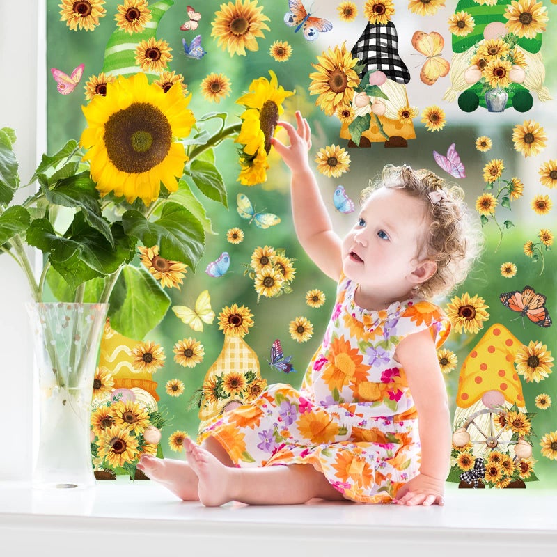 Whaline Summer Window Clings Sunflower Gnome Double-Sided Window Cling Sticker Watercolor Butterfly Flower Window Decal PVC Sticker Decoration for Spring Summer Fall School Home Office Decor  9 Sheets - Image 3
