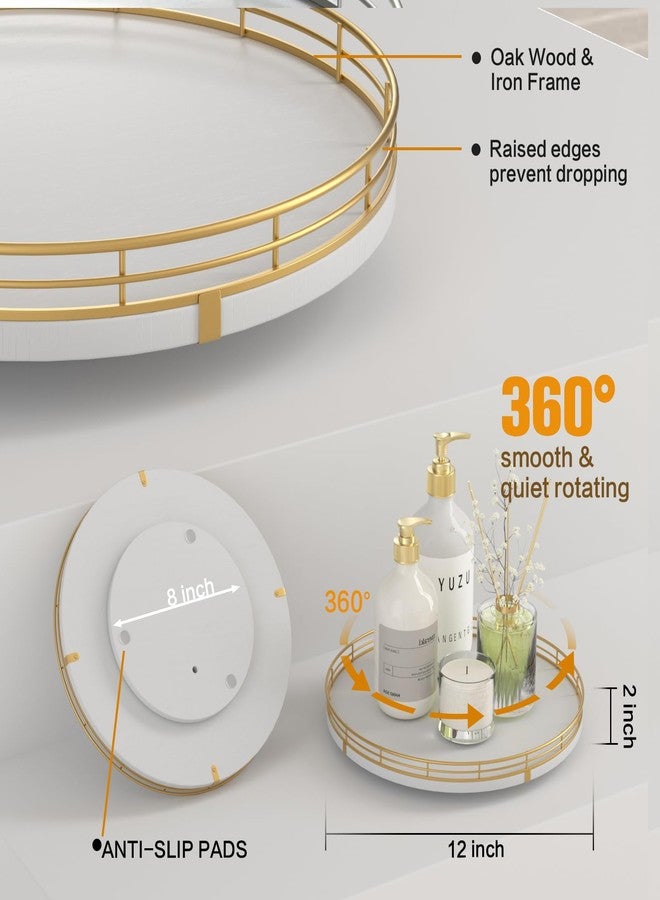 Oroyutor 12" Wooden Lazy Susan Turntable for Cabinet - Round Rotating Spice Rack Organizer, White Kitchen Countertop Tray for Dining Table & Pantry Storage (White & Gold) - Image 5