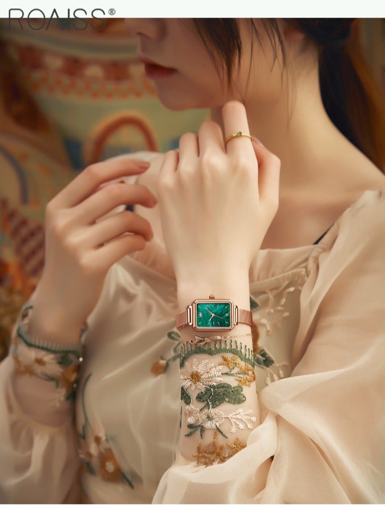 roaiss Women's Mesh Steel Strap Quartz Watch Analog Display Rectangle Green Dial Casual Watch - Image 2