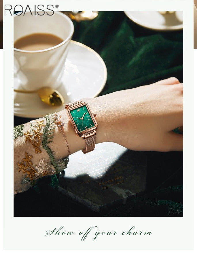 roaiss Women's Mesh Steel Strap Quartz Watch Analog Display Rectangle Green Dial Casual Watch - Image 3