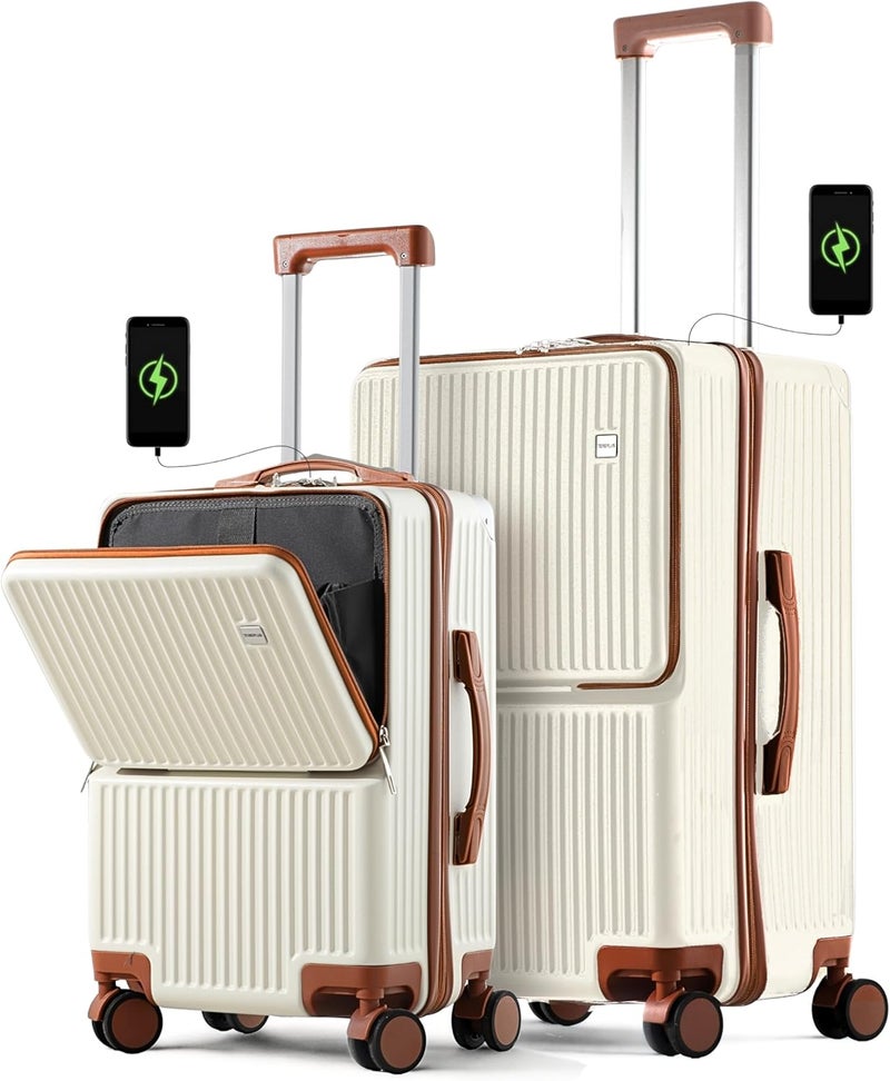 TEREPLUS® Luggage Set 20/24 inches Travel Trolley Bag Suitcase with Front Open Laptop Compartment, USB Port Charging, Cup Holder, Silent Wheels Eva (White & Mocha, Set of two (20/24)) - Image 1