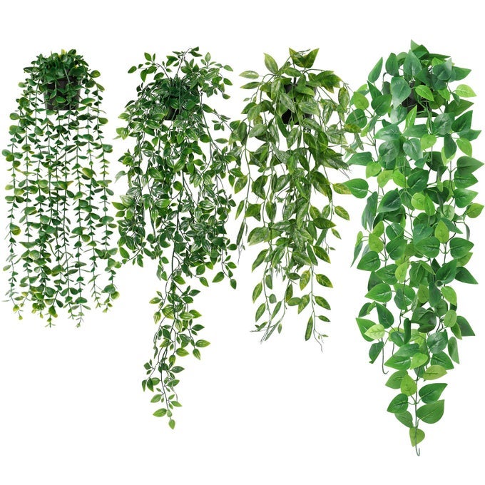 4 PACK FAKE HANGING PLANT WITH POTS ARTIFICIAL EUCALYPTUS POTTED PLANTS GREENERY FOLIAGE IVY VINES FAUX TRAILING PLANTS FOR HOME GARDEN OFFICE SHELF WALL DECORATION
