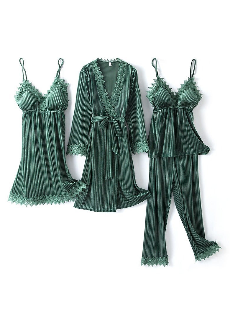 Women's Striped Gold Velvet Pajamas Four-piece Set 