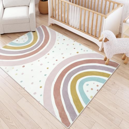 STARUIA Boho Rainbow Rug for Girls Bedroom, Large Area Rug 5x7 Washable Kids Rugs for Playroom Tent Castle, Non-Slip Soft Play Mat Carpet Nursery Rugs for Kid Room Classroom Dorm - Image 1