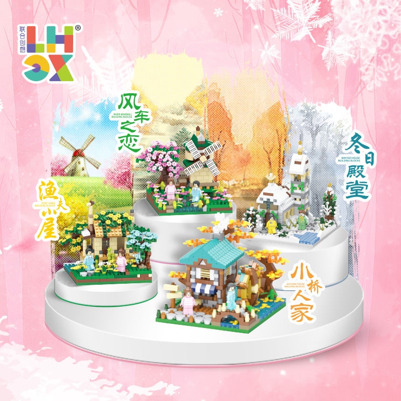 United Creative 631-635 Guofeng Spring, Summer, Four Seasons Building Cabin Diamond Granules Assembled Building Blocks Ornaments - Image 2