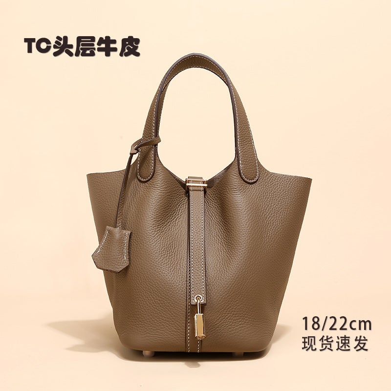 Genuine Leather Women'S Bag Vegetable Basket Bag Bag Litchi Pattern Bucket Bag Women'S Bag Handbag - Image 2