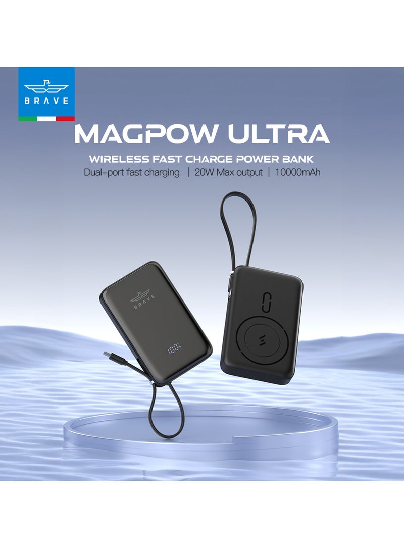 Brave 10000mAh Magnetic Wireless Power Bank – MagSafe-Compatible Magnetic Wireless Portable Charger with 15W Fast Wireless Charging and 20W PD Wired Charging, Built-in USB-C Cable and LED Digital Display – Magnetic Charging Battery Compatible with iPhone 16/15/14/13, Apple Watch Series 10, AirPods, Galaxy S25/S24/S23, Android Phones and Tablets (Black) - Image 2