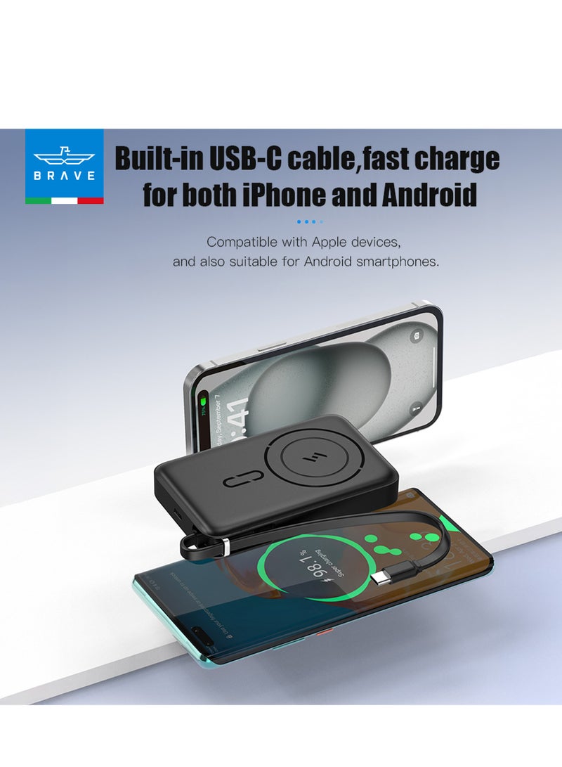 Brave 10000mAh Magnetic Wireless Power Bank – MagSafe-Compatible Magnetic Wireless Portable Charger with 15W Fast Wireless Charging and 20W PD Wired Charging, Built-in USB-C Cable and LED Digital Display – Magnetic Charging Battery Compatible with iPhone 16/15/14/13, Apple Watch Series 10, AirPods, Galaxy S25/S24/S23, Android Phones and Tablets (Black) - Image 4