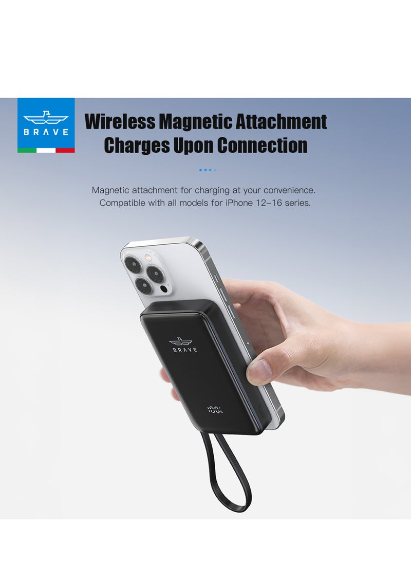 Brave 10000mAh Magnetic Wireless Power Bank – MagSafe-Compatible Magnetic Wireless Portable Charger with 15W Fast Wireless Charging and 20W PD Wired Charging, Built-in USB-C Cable and LED Digital Display – Magnetic Charging Battery Compatible with iPhone 16/15/14/13, Apple Watch Series 10, AirPods, Galaxy S25/S24/S23, Android Phones and Tablets (Black) - Image 5
