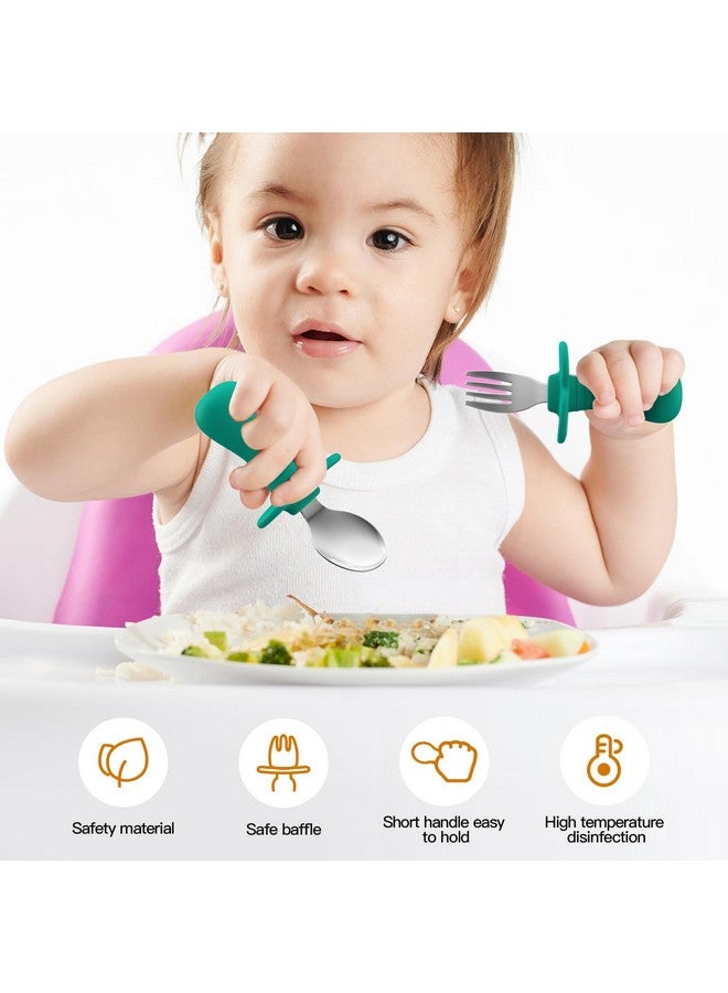 SFCCMM Toddler Spoons and Forks Set, 4Pcs Kids Silverware Set with Silicone Handle, 18/8 Stainless Steel Children Safe Forks and Spoons, Toddler Utensils BPA Free, Anti-Choke Design (Dark Blue, Green) - Image 2