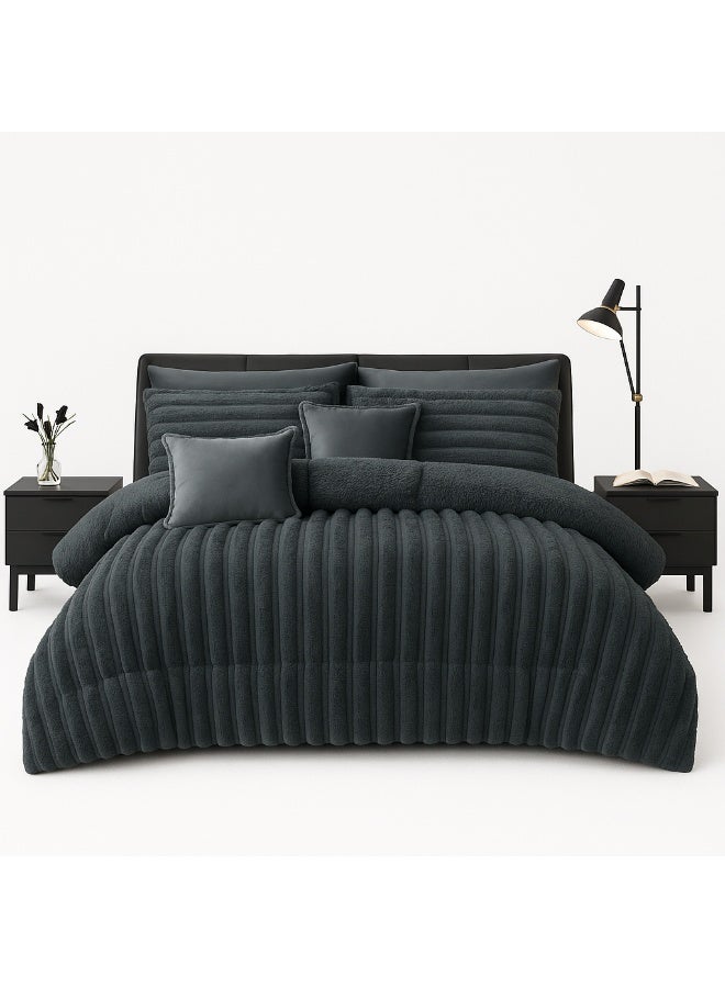 مينج لي مفرش شتوي فرو فاخر نفرين – طقم سرير 8 قطع بتصميم هندسي ناعم مقاس كبير 230×250 سم - Image 2