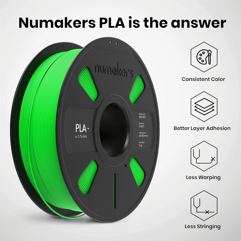 NUMAKERS PLA+ 3D Printer Filament, 1.75mm, Dimensional Accuracy +/- 0.03 mm, 1 kg Spool (2.2 lbs), Compatible with Most FDM Printers (Fluorescent Green) - Image 5