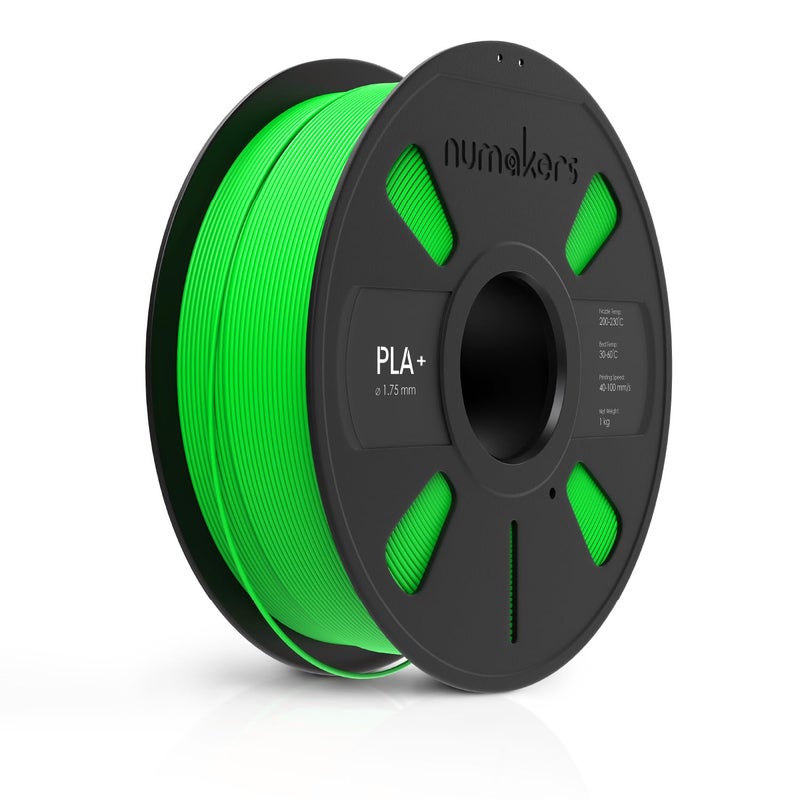 NUMAKERS PLA+ 3D Printer Filament, 1.75mm, Dimensional Accuracy +/- 0.03 mm, 1 kg Spool (2.2 lbs), Compatible with Most FDM Printers (Fluorescent Green) - Image 1