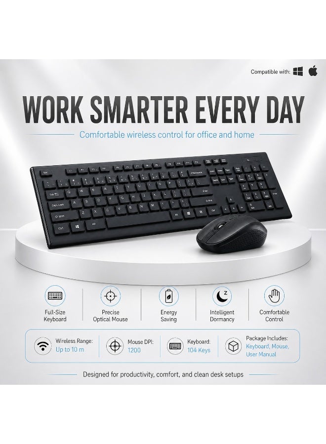 CS10 Wireless Keyboard and Mouse Combo, 2.4GHz Full-Size 104-Key Keyboard and 1200 DPI Optical Mouse, Plug and Play - Image 2