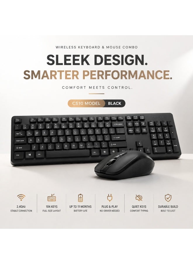 CS10 Wireless Keyboard and Mouse Combo, 2.4GHz Full-Size 104-Key Keyboard and 1200 DPI Optical Mouse, Plug and Play - Image 1