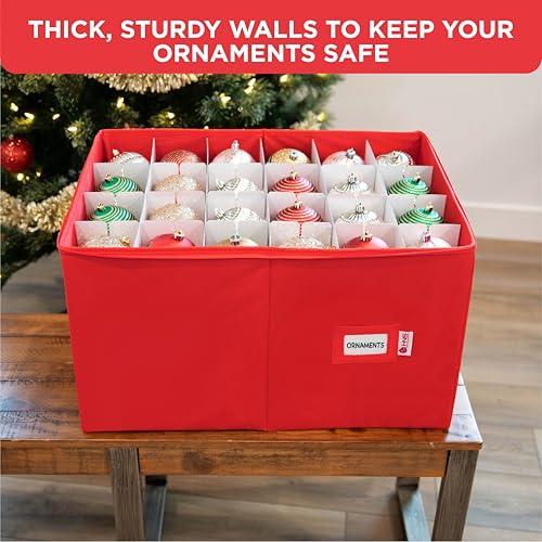 HOLDN’ STORAGE Christmas Ornament Storage Container with Dividers - Box Stores Up to 96 Ornaments, Zippered, Convenient, Adjustable, Large Organizer Bin to Protect Holiday Décor, Fits Most Standard Size, Red - Image 2
