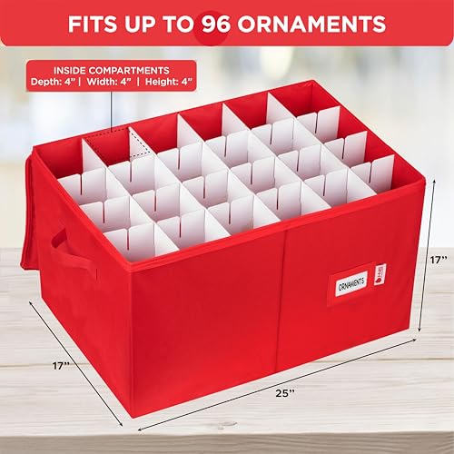 HOLDN’ STORAGE Christmas Ornament Storage Container with Dividers - Box Stores Up to 96 Ornaments, Zippered, Convenient, Adjustable, Large Organizer Bin to Protect Holiday Décor, Fits Most Standard Size, Red - Image 4