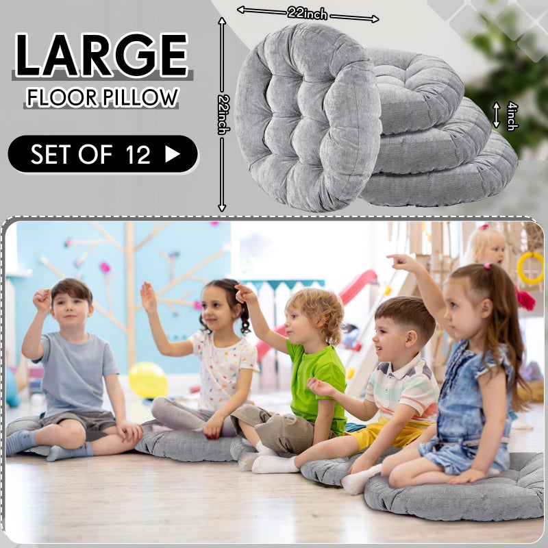 Jerify 12 Pcs Floor Pillow Cushions 22 x 22 Inch Round Square Large Meditation Floor Pillow for Classroom Adult Meditation Picnic Party Seating Learning Daycare School (Round,Light Gray) - Image 2