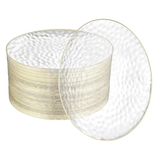 R-kay 100 Pack 10 Inch Clear Plastic Plates For Wedding - Hammered Gold Rimmed Sturdy, Durable Gold Plastic Plates For Party - Bulk Disposable Plates For Weddings - Image 1