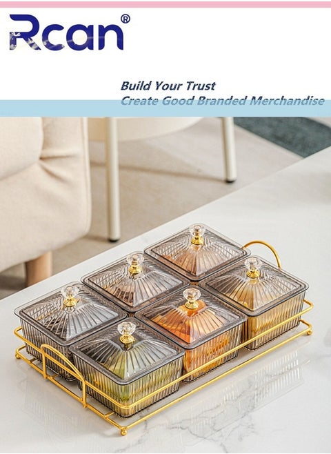 Snack Serving Tray with Lid 6 Clear Candy and Nut Serving Container set with Metal Rack Plastic Appetizer Platter Relish Storage Organizer Plate Food Display Bowls for Vegetables Candy Fruit Dips