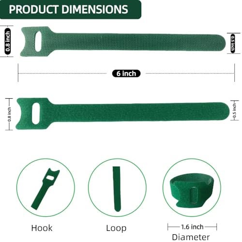 CHZKVOY, Green, Reusable, 100PCS, 6 - Inch Adjustable Anti - Slip Nylon Plant Ties & Straps Featuring Hook and Loop Fasteners - Optimal for Climbing Plants Support and Christmas Garland Ties - Image 3