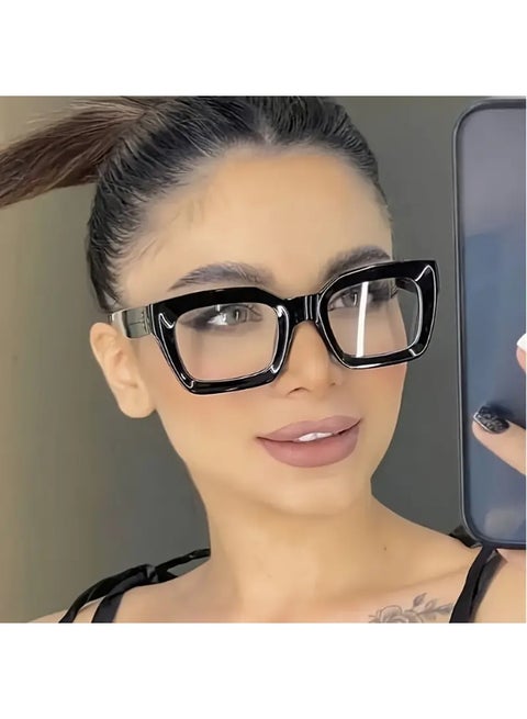 نظارة نسائية مربعة بإطار كامل، مصنوعة من البولي كربونات مع علبة ورقية، بزخرفة كلاسيكية بسيطة، مناسبة لمكياج بسيط. (مع حافظة نظارات). نظارات زرقاء ساطعة، نظارات طبية.