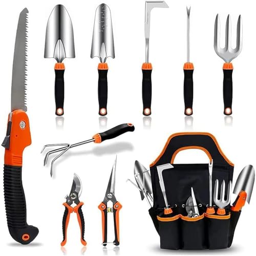 HASTHIP® 10Pcs Gardening Tools Set - Heavy Duty Stainless Steel - Gardening Tools Kit for Home Garden - Plant Cutter for Home Garden - Manual Planting Tools with Tool Bag - Suitable for Patio & Lawn - Image 1