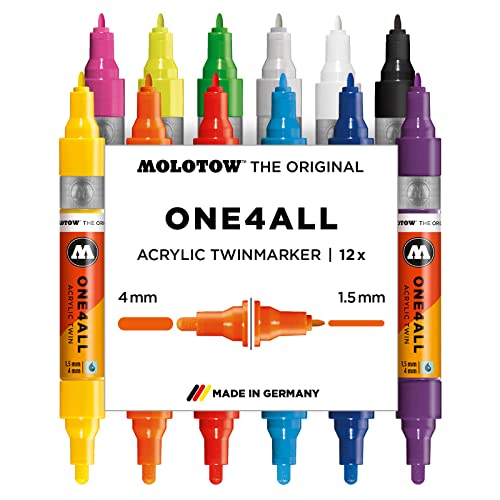 MOLOTOW ONE4ALL Acrylic Twin Pump Marker Main 1 Set 12 Markers Dual Tips 15mm Nib and 4mm Nib Assorted Colors 1 Set Each 200480 - Image 1