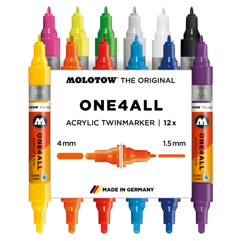 MOLOTOW ONE4ALL Acrylic Twin Pump Marker Main 1 Set 12 Markers Dual Tips 15mm Nib and 4mm Nib Assorted Colors 1 Set Each 200480 - Image 2