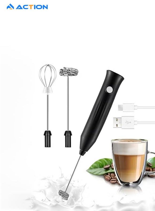 ACTION Milk Frother Rechargeable Handheld Electric Whisk Coffee Frother- Mixer with 2 Stainless Whisks ，3 Speed Adjustable Foam Maker Blender for Coffee， Matcha Latte ，Cappuccino ，and Hot Chocolate（Black） - Image 1
