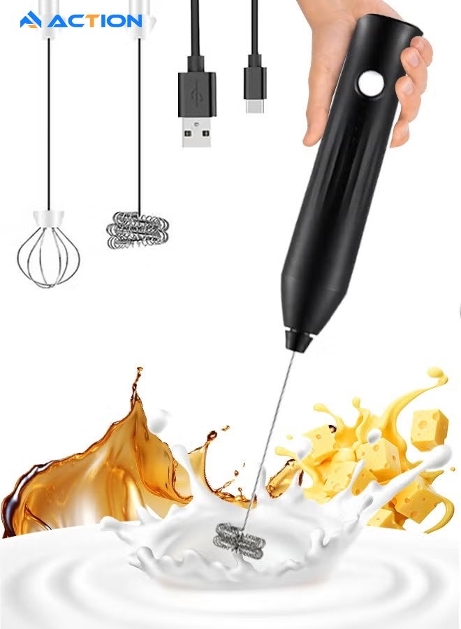 ACTION Milk Frother Rechargeable Handheld Electric Whisk Coffee Frother- Mixer with 2 Stainless Whisks ，3 Speed Adjustable Foam Maker Blender for Coffee， Matcha Latte ，Cappuccino ，and Hot Chocolate（Black） - Image 3