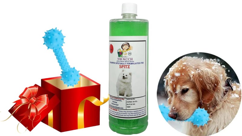 swacch Spitz Dog Shampoo + Dumbbell Toy I Durable Rubber Dog Toy for Chewing I Playing,Teeth Cleaning & Training Toy I Combo Pack I 1 Litre Neem Alovera - Image 1