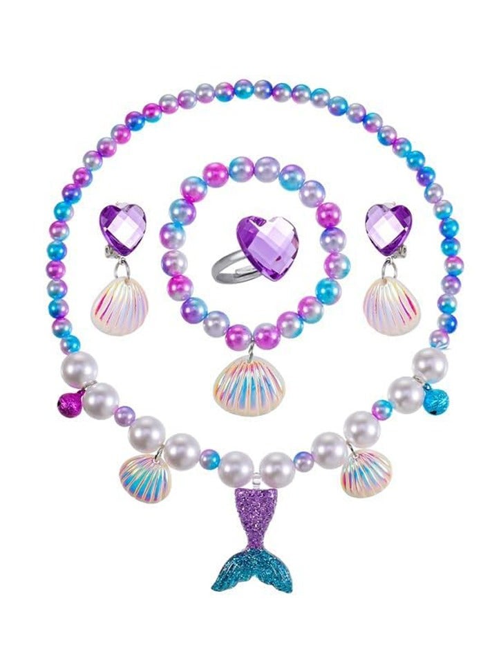 Mordely 5 Pieces Mermaid Necklace Bracelets Jewelry Kit Set for Kid Girls Mermaid Jewelry Included Shell Ring Earrings Toddler Play Jewelry with Pendant Party Decorations  - Image 1