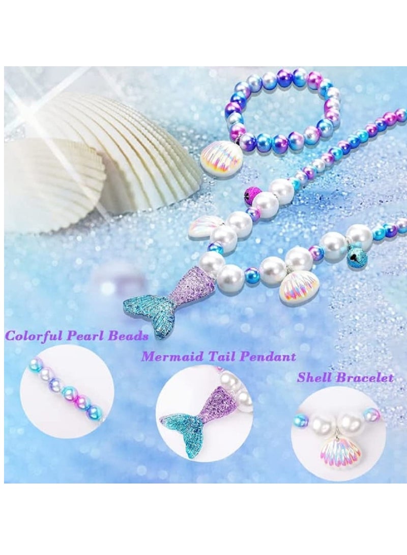 Mordely 5 Pieces Mermaid Necklace Bracelets Jewelry Kit Set for Kid Girls Mermaid Jewelry Included Shell Ring Earrings Toddler Play Jewelry with Pendant Party Decorations  - Image 2