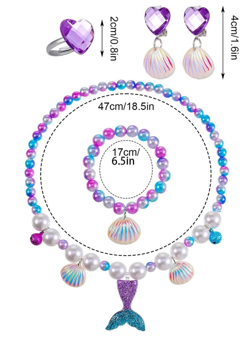 Mordely 5 Pieces Mermaid Necklace Bracelets Jewelry Kit Set for Kid Girls Mermaid Jewelry Included Shell Ring Earrings Toddler Play Jewelry with Pendant Party Decorations  - Image 3