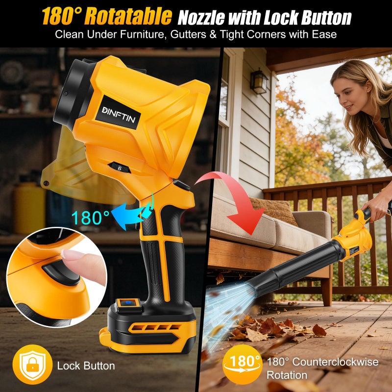 Dinftin 180Â° Rotatable Cordless Leaf Blower Compatible for DeWalt 20V Battery(Not Included), 90 MPH 6-Speed Handheld Blower with LED & Power Indicator, Extended Nozzle for Lawn, Garage, Car Cleaning - Image 2