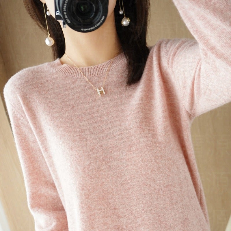 Base Shirt Womens Autumn and Winter Crewneck Sweater Womens Pullover New Knitted Sweater Womens Thin Non-Wool Sweater Cross-border Sweater Sakura powder